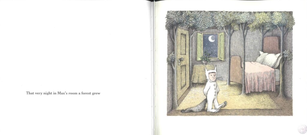 Page of Where the Wild Things Are. Text reads "That very night in Max's room a forest grew"