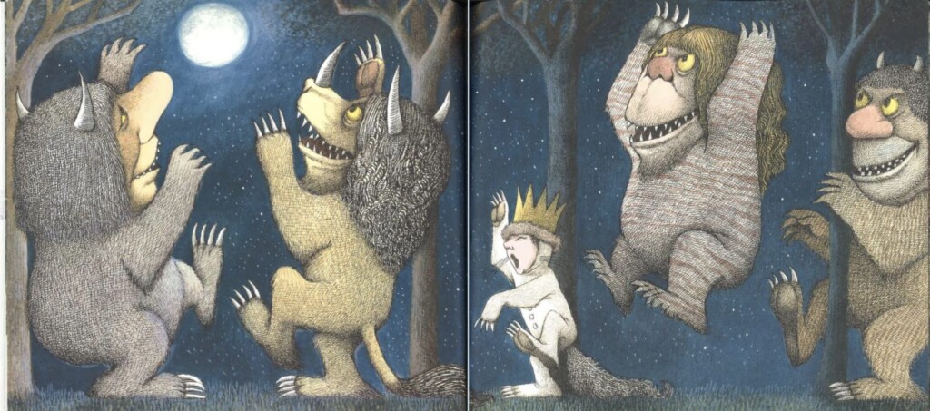 Page of Where the Wild Things Are. The things and Max dance under the moon