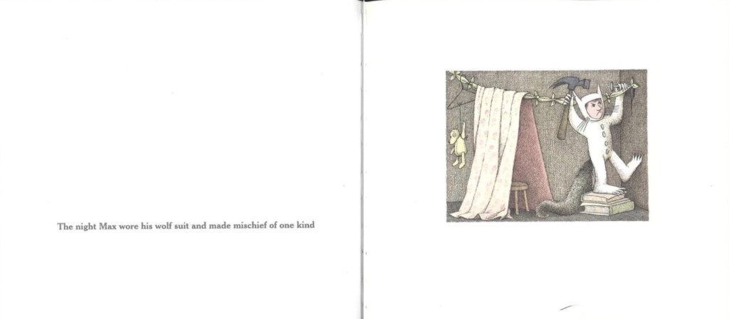 Page of Where the Wild Things Are. Text reads "The night Max wore his wolf suit and made mischief of one kind"