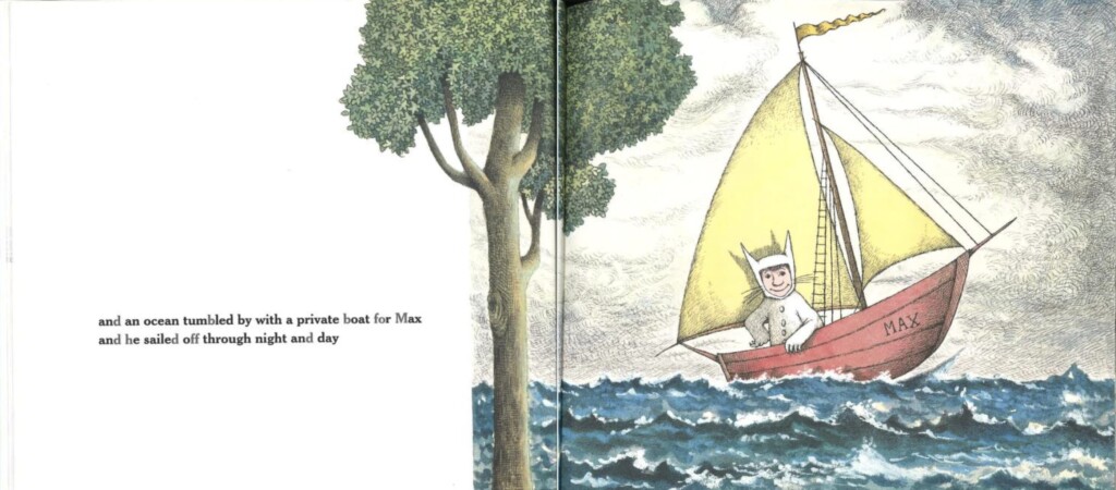 Page of Where the Wild Things Are. Text reads "and an ocean tumbled by with a private boat for Max and he sailed off through night and day"