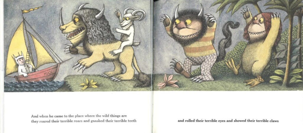 Page of Where the Wild Things Are. Text reads "And when he came to the place where the wild things are they roared their terrible roars and gnashed their terrible teeth and rolled their terrible eyes and showed their terrible claws"